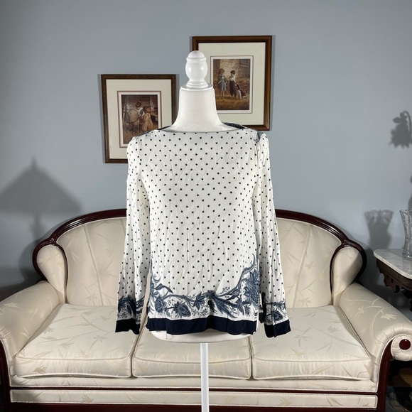 Zara Paisley & Geometric Polkadot Long Sleeve White & Blue Pattern Blouse Medium - Picture 7 of 12